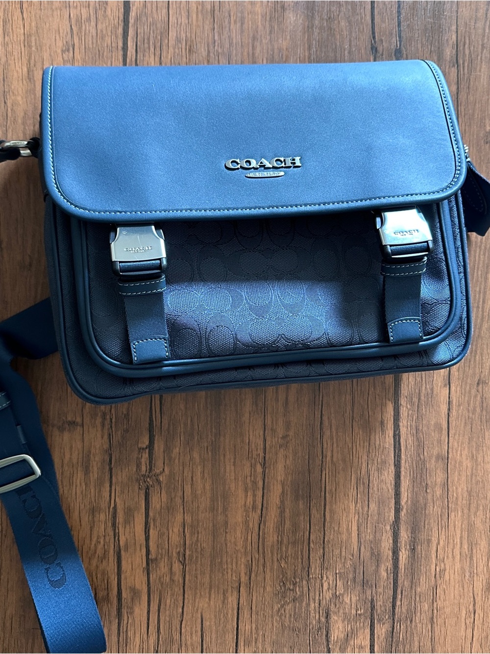 Coach Navy Blue Signature Canvas & Leather Messenger Bag - Coach